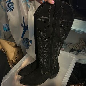 Black Embroidered Knee-High Boots